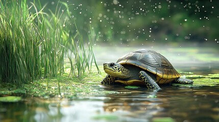 Fototapeta premium a turtle at the edge of a clear river amidst beautiful green grass, with a soft drizzle, 