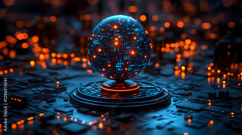 Poster digital orb of innovation: a mesmerizing digital orb glows with intricate circuits and vibrant light