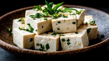 An artistic display of seasoned tofu cubes topped with green scallions, highlighting a vibrant and flavorful addition to any vegetarian dish or mealprep.