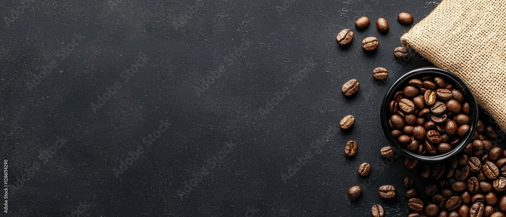Poster empty burlap sack and coffee beans on rustic table background in natural light