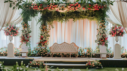 Elegant floral wedding backdrop featuring a vintage sofa surrounded by vibrant decorations