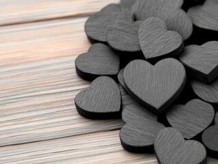 Fototapeta premium Black and white wooden heart shapes stacked together on rustic wooden surface creating vintage romantic composition with monochrome textures and artistic contrast
