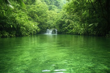 Obraz premium Lush Green Tropical Pool with Cascading Waterfall