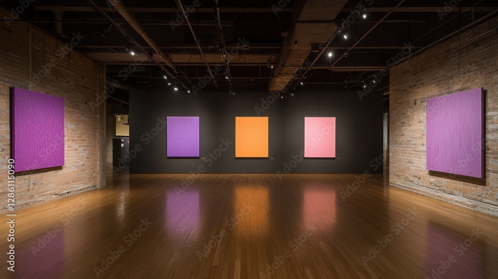 Poster dynamic abstract pop art gallery display with colorful paintings and modern interior design