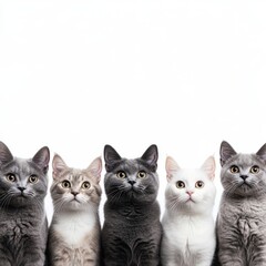 five cats of different colors, on a white background, looking straight ahead, the concept of an advertising booklet, calendar, notebook