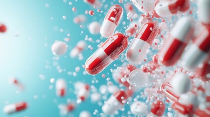 An abstract representation of red and white capsules floating in a dreamy space, symbolizing the journey of healthcare and innovation in the modern world.