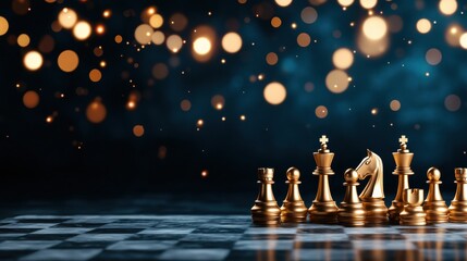 Close up of elegant gold chess pieces on a marble board with dreamy bokeh background
