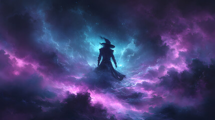Mystical Sorceress in the Nebula: Silhouette of a cloaked sorceress stands amidst a mesmerizing display of swirling nebulas painted in hues of cosmic purple and cyan. A spellbinding depiction.