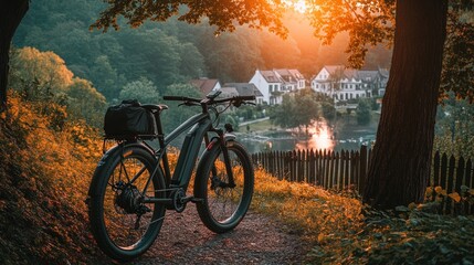 Obraz premium E-bike parked on scenic path overlooking lake village at sunset