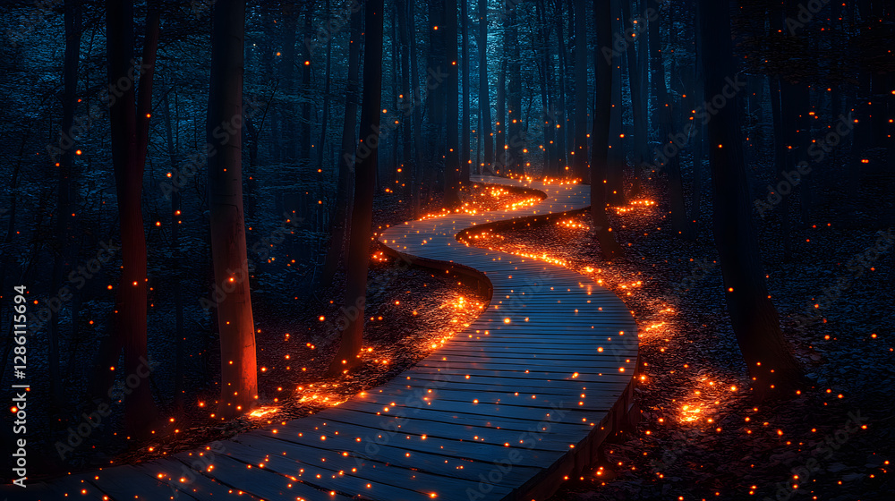 Poster enchanted pathway: a mystical wooden pathway winds through a dense, dark forest, illuminated by glow