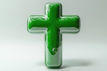 Fototapeta premium A Shiny Green Cross Symbol Is Centered On A White Background