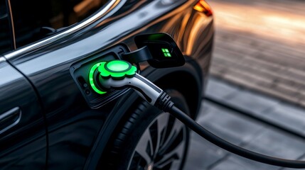 Naklejka premium Electric Vehicle Charging Station Urban Setting Technology Focus Evening Light Sustainable Transport Concept