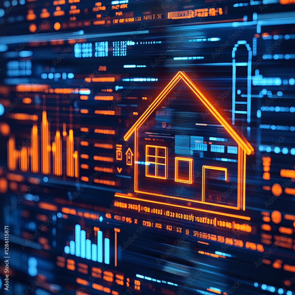 Poster analyzing smart home technology digital interfaces virtual environment data visualization modern des