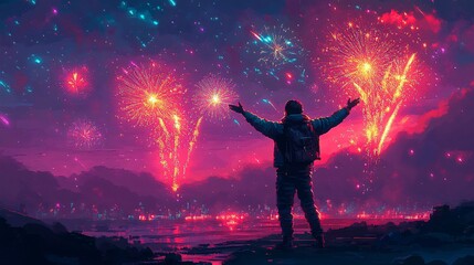 A pixel hero celebrating victory under neon fireworks