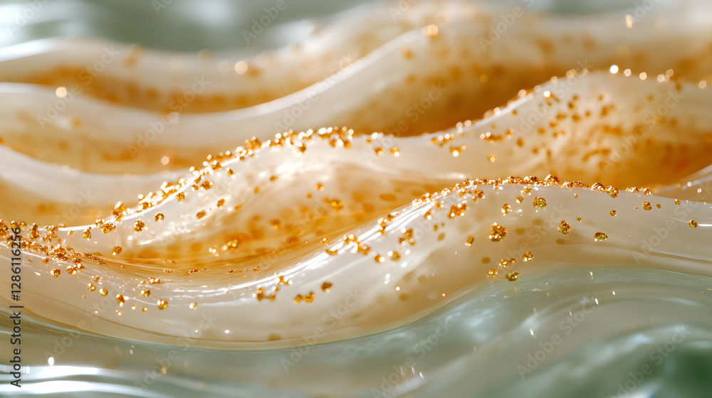 Poster abstract fluid forms: captivating macro shot of swirling, translucent liquid with a shimmering, gold