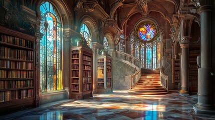 Obraz premium Sunlit grand library interior with stained glass windows, bookshelves, and a sweeping staircase.