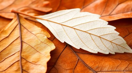 Close-Up of Delicate White Leaf Among Vibrant Orange Foliage Nature Scene Autumn Environment Detailed Viewpoint