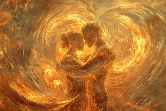 Artistic Depiction of Two Soul Mates Embracing, Surrounded by Aethereal Energy at Sunset