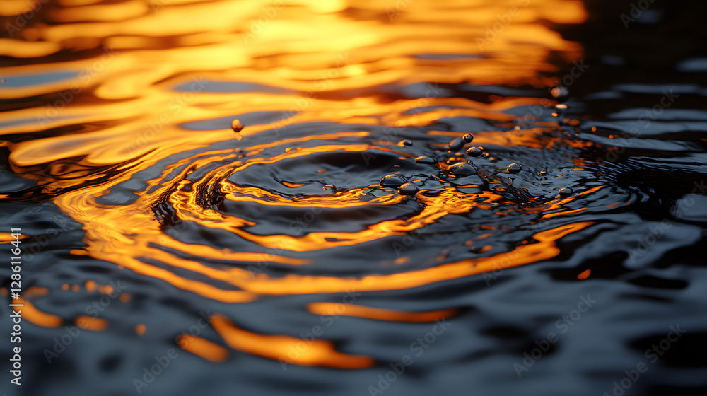 Poster ripple effect: a captivating close-up of a water surface, illuminated by golden sunlight creating me