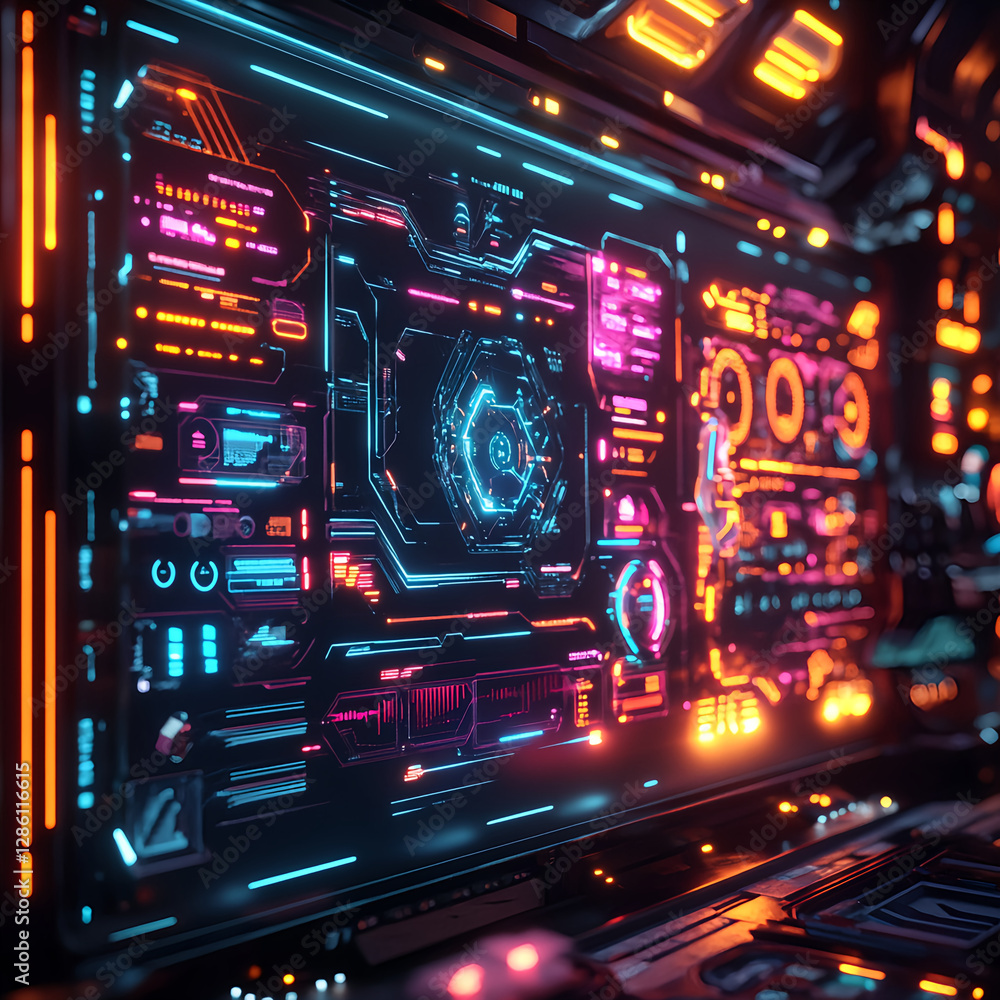 Poster visualizing futuristic interface design digital workspace graphic art cyber environment close-up vie