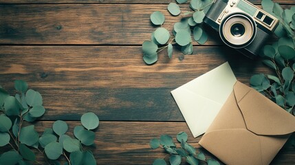 Charming Eucalyptus Flat Lay with Retro Camera and Letters on Rustic Wooden Surface