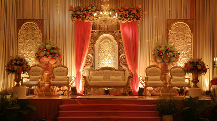 Elegant wedding stage setup with ornate decorations, floral arrangements, and soft lighting