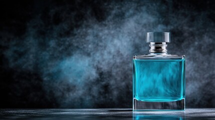 Elegant glass perfume bottle with blue liquid mist background