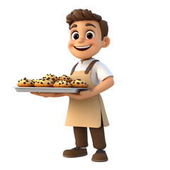 A Happy 3D Cartoon Baker Holding a Tray of Food Isolated on Transparent Background
