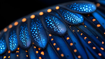 Obraz premium Mystical Wing Detail: A close-up shot reveals the mesmerizing beauty of a bird's wing, adorned with intricate patterns of blue and orange, illuminated against a dark backdrop. 