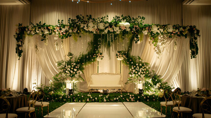 Elegant wedding reception setup featuring floral decorations, soft lighting, and a serene atmosphere