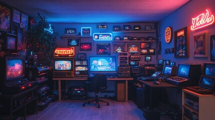 A retro gaming room filled with old consoles and neon signs