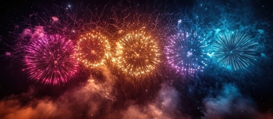 Vibrant fireworks display at night with colorful bursts and smoke trails.