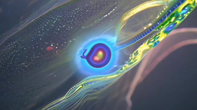 A highly detailed 3D-rendered visualization of a futuristic microscopic organism featuring a glowing bioluminescent core and intricate neural-like structures, symbolizing advanced biotechnology.  
