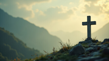 A rustic cross on a mountainous cliff edge with a scenic view.
