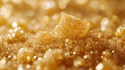 Golden Sugar: An abstract close-up captures the crystalline structure of golden sugar, glistening under warm light, evoking a sense of sweetness and indulgence.
