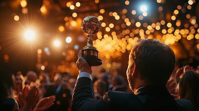 Man Accepting Award On Stage With Golden Trophy