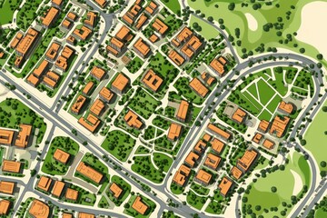 Fototapeta premium Conceptual Urban Framework: Inventive Master Planning Map Showcasing Fictional Town Layout with Zoning, Infrastructure, and Development Areas