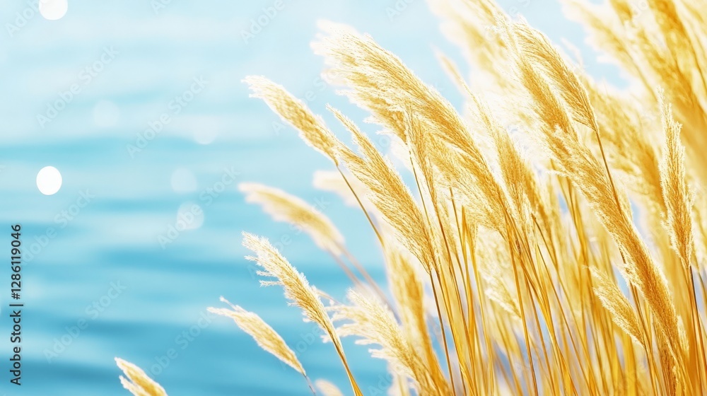 Aufkleber golden wheat field swaying in the breeze under a soft blue sky illuminated by sunlight creating a pe
