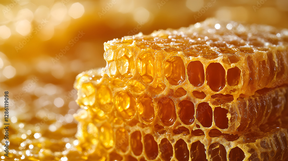 Poster golden honeycomb: a macro shot captures the intricate structure of fresh honeycomb, glistening with 