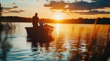 Father and Son Fishing Together on a Tranquil Lake at Sunset - A Cherished Family Recreation Experience