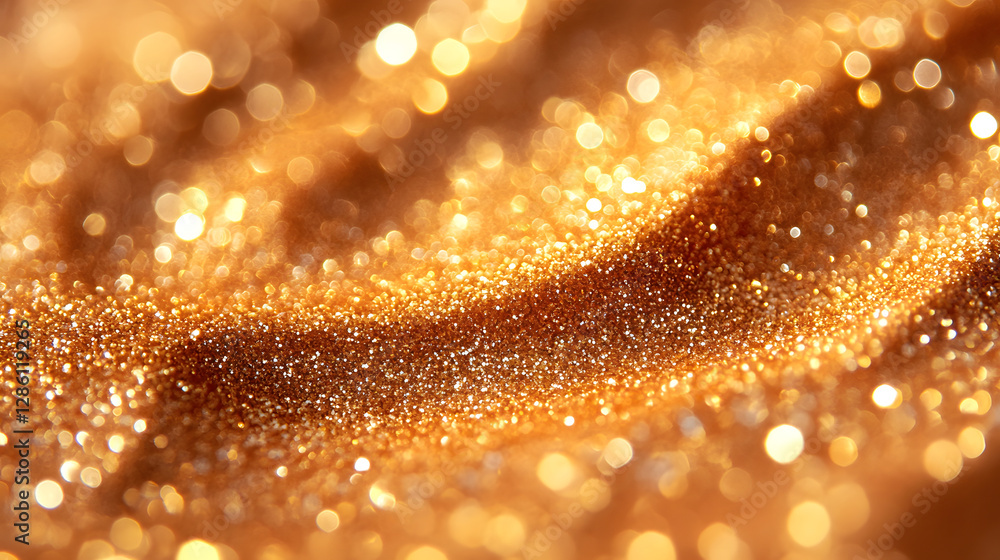 Poster golden sparkle texture: a close-up shot of a shimmering, textured surface blanketed in golden glitte