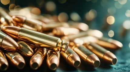 Naklejka premium An eye-catching image of bullet casings piled together, reflecting light in a stunning display that highlights their intricate details and the allure of weaponry.