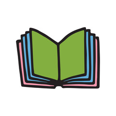 Doodle book icon handdrawn with ink pen. Knowledge and education symbol painted in grunge freehand style. Vector illustration isolated on white background