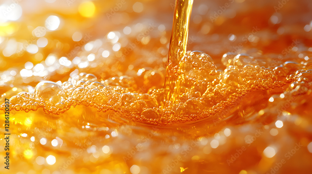 Poster golden pour: a close-up shot captures the mesmerizing flow of a golden liquid, its surface alive wit