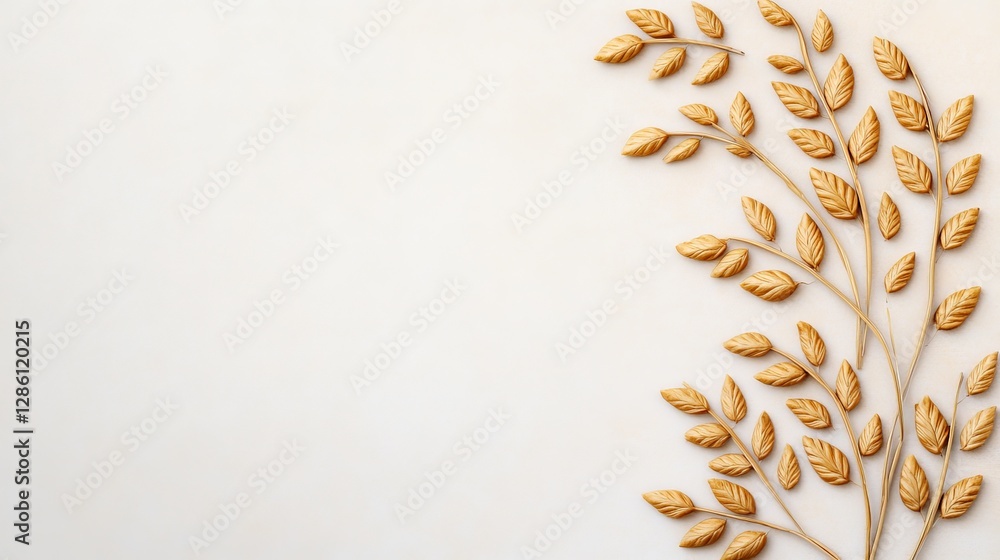 Poster minimalist composition with golden wheat stalks arranged on a clean white background creating a sere