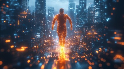 A pixel hero jumping over obstacles with glowing pixels