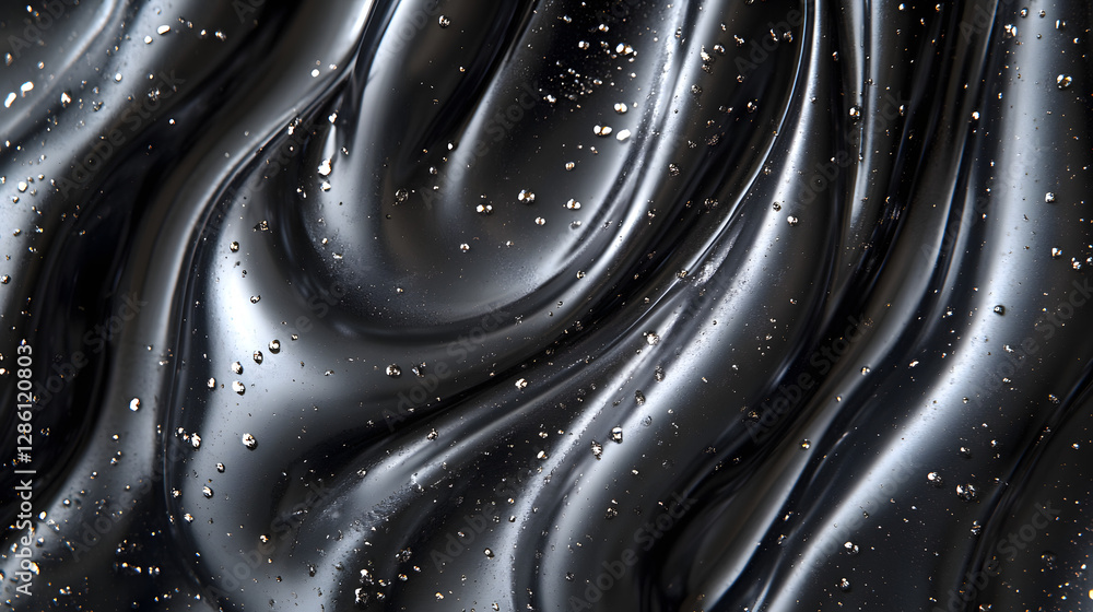 Poster abstract fluid texture: a close-up of swirling, glossy black fluid with a subtle metallic sheen. the