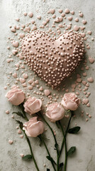 Hearts and Roses Still Life. Romantic composition featuring a heart-shaped object surrounded by miniature hearts and a bouquet of pink roses on a textured surface.