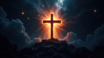 Fototapeta premium A powerful depiction of a cross with fiery light emanating from below on a rocky cliff against a dramatic sky backdrop.