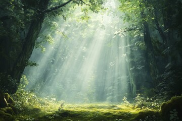 Obraz premium Sunlight streaming through dense forest creating magical atmosphere